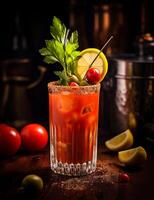 Photo of some Bloody Mary drink elegantly plated on a table. Generative AI