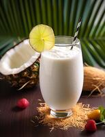 Photo of some Coconut Pina Colada Smoothie drink elegantly plated on a table. Generative AI