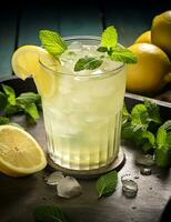 Photo of some Lemonade Drink elegantly plated on a table. Generative AI