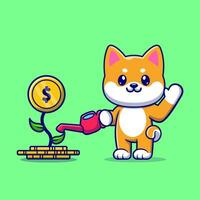 Cute Shiba Inu Dog Watering Money Plant Cartoon Vector  Icon Illustration. Animal Business Icon Concept Isolated  Premium Vector. Flat Cartoon Style