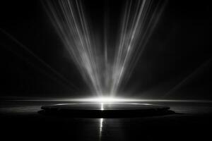 Empty dark studio with podium illuminated by spotlight from above. Stage light photo