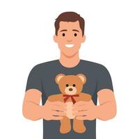 Young man gives teddy bear to his crush or loved one. vector