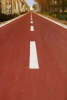 New red bikepath or pedestrian path separated by white line, traffic signs in the park. Bicycle path in European city, Spain. Two way cycle lane on an avenue. Urban traffic and transportation photo