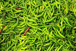 Green pepper or green chili on the market, Lots of fresh green chilies photo