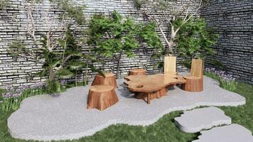 garden with natural wooden chair and table and tropical tree photo