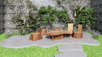 jardín con natural de madera silla y mesa y tropical árbol foto