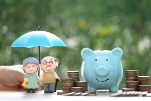 mutuo fondo, amor Pareja mayor con apilar de monedas dinero y cerdito banco en verde fondo, salvar dinero para preparar en futuro y pensión Jubilación concepto foto