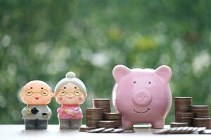 Love couple senior and piggy bank on natural green background, Save money for prepare in future and pension retirement concept photo