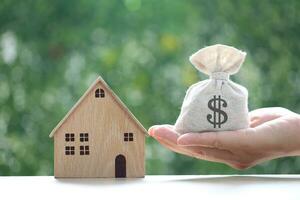 Finance, Model house with money bag on natural green background,Business investment and Save money for prepare in future concept photo