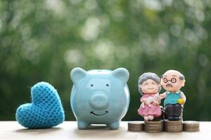 Love couple senior and piggy bank on natural green background, Save money for prepare in future and pension retirement concept photo