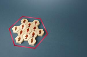 People are united in a hexagon. Social organization, commercial structure. Business management, non-traditional hierarchical model. Unity. Team building , teamwork cooperation. Discipline in hierarchy photo