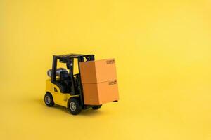 Forklift transports boxes. Warehouses, manufacturing facilities, and distribution centers. Inventory accuracy. Supply chain optimization. Efficient logistics and distribution systems. photo