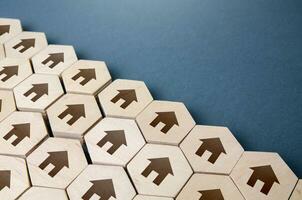 Structure of hexagons of houses. Concept of searching for options in real estate market. Finding the best deal for buying a home. Search for housing. Realtor services. Selection criteria options photo