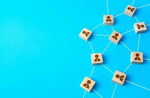 People connected in a communication network. joint participation and interaction in the group. Cooperation and globalization, contributions to projects. Decentralized networking. Connections links photo