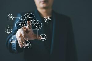 man touch cloud computing diagram show on hand.Data storage.the use of online digital network technology in business, buying and selling commerce online digital marketplace photo