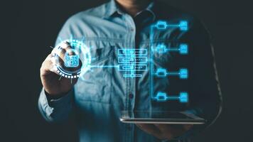 man touch screen to manage data,Document Management System DMS,knowledge and documentation in enterprise with ERP.online documentation database and process automation to efficiently manage files. photo