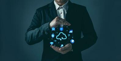 man hold cloud computing system diagram show on hand.Data storage.Digital technology network service business in wireless storage concept. Implementing storage technology support in business. photo