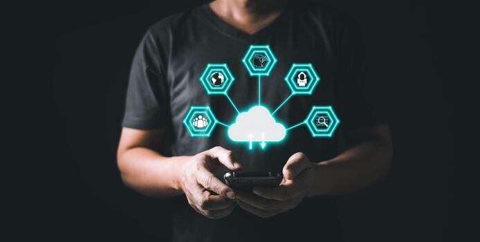 hombre utilizar teléfono inteligente nube informática sistema diagrama. grande datos almacenamiento.digital artificial inteligencia ai tecnología ruptura concepto. nosotros son implementar almacenamiento tecnología apoyo en el negocio. foto