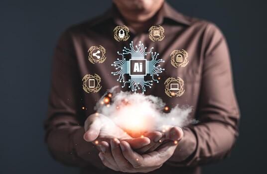 man touch cloud computing diagram show on hand.Data storage.the use of online digital network technology in business, buying and selling commerce online digital marketplace photo