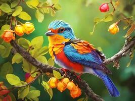 Color full bird sitting in the forest branch tree. Generated ai photo