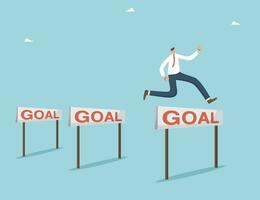Overcoming obstacles to achieve goals, completing assigned tasks and achieving great success, strategy or plan to defeat competitor, high results in work, man jumps over obstacles and achieves target. vector