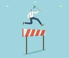Exit of difficult situation and overcoming difficulties, creativity in creating the right strategy for achieving goals, great success and effectiveness in completing tasks, man jumps over an obstacle. vector