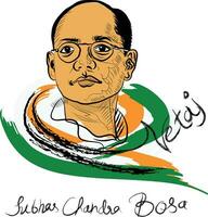 Subhas Chandra Bose vector Illustration. Subhas Chandra Bose's birth anniversary is celebrated as Subhas Chandra Bose Jayanti. writen in calligraphic style Nataji meaning  Respected Leader