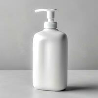 Cosmetic rounded all white soap bottle mockup on white table. AI Generative photo