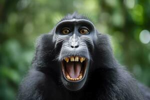 Celebes crested macaque with open mouth. Close up on the green natural background. Generative AI photo