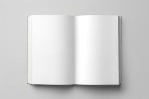 Blank opened book mockup, top view, isolated on white background. Generative AI photo