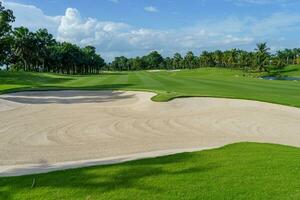 Golf course sand pit bunker aesthetic background,Used as obstacles for golf competitions for difficulty and falling off the course for beauty photo