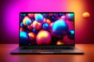 Mockup of beautiful laptop with multicolor background, Generative AI illustration photo