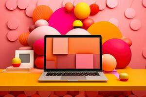 Mockup of beautiful laptop with multicolor background, Generative AI illustration photo