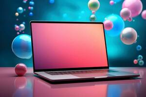 Mockup of beautiful laptop with multicolor background, Generative AI illustration photo