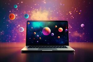 Mockup of beautiful laptop with multicolor background, Generative AI illustration photo