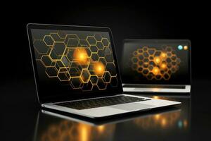 Mockup of beautiful laptop with multicolor background, Generative AI illustration photo