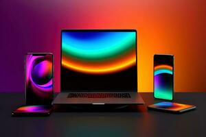 Mockup of beautiful laptop with multicolor background, Generative AI illustration photo