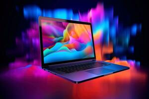 Mockup of beautiful laptop with multicolor background, Generative AI illustration photo