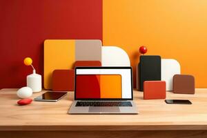 Mockup of beautiful laptop with multicolor background, Generative AI illustration photo