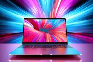 Mockup of beautiful laptop with multicolor background, Generative AI illustration photo
