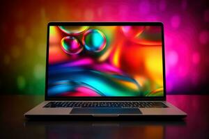 Mockup of beautiful laptop with multicolor background, Generative AI illustration photo