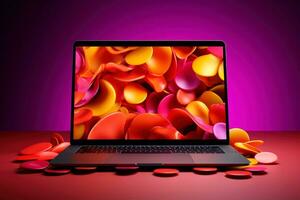 Mockup of beautiful laptop with multicolor background, Generative AI illustration photo