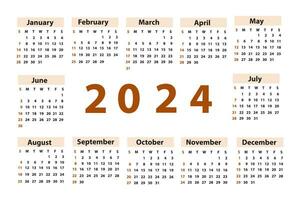 Calendar 2024 starting from Sunday. Vector illustration