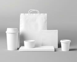 Blank bag, coffee mug, and cup on a light background. Generative AI photo