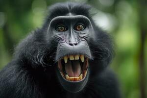 Celebes crested macaque with open mouth. Close up on the green natural background. Generative AI photo