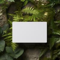 Blank business card on green leaves background. Generative AI photo