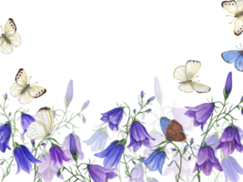 acquerello floreale orizzontale telaio con campane e volante farfalle. Perfetto per sfondo, carta, tessile, scrapbooking, nozze invito. png