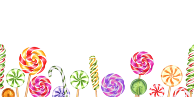 Seamless banner of mix colorful lollipops. Spiral lollipop, circle candies, bonbons with striped swirls, sugar caramel on stick. Horizontal ornate with copy space for text. Watercolor illustration png