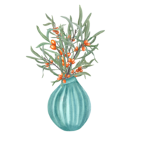 Bouquet of sea buckthorn in ceramic vase. Orange berries, green leaves, flowerpot. for interior decoration, comfort. Watercolor illustration for decor, design, creating new composition png