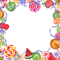 Square frame with mix colorful lollipops and ribbons. Spiral lollipop, circle candies, bonbons with striped swirls, sugar caramel on stick. Copy space for text. Watercolor illustration png